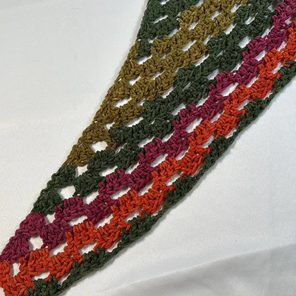Vintage Handknit Scarf Green Orange Pink Cozy Boho‎ Cottagecore